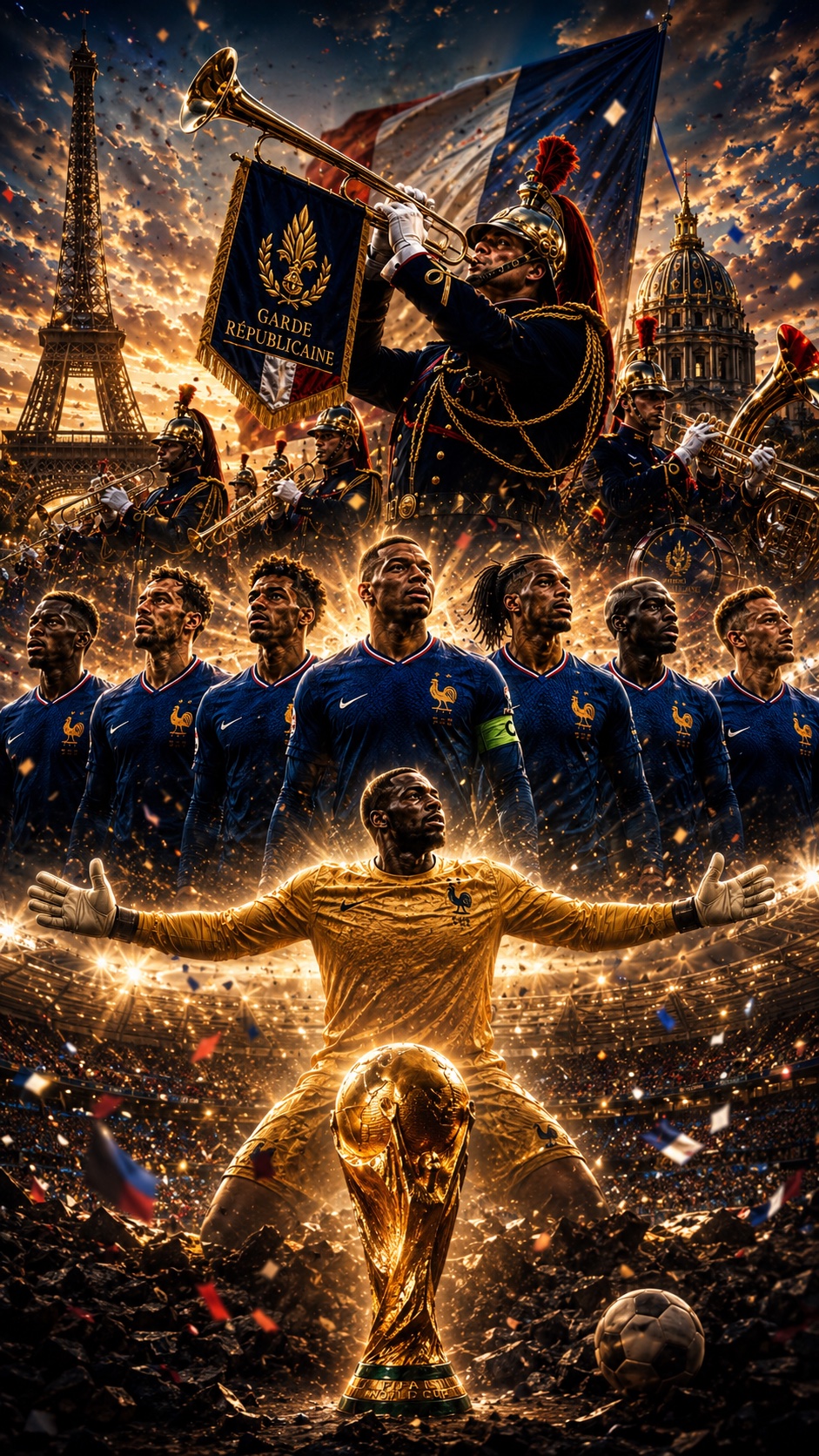 Cavalier de la Garde Républicaine au clairon devant les Bleus — Le Monde nous regarde